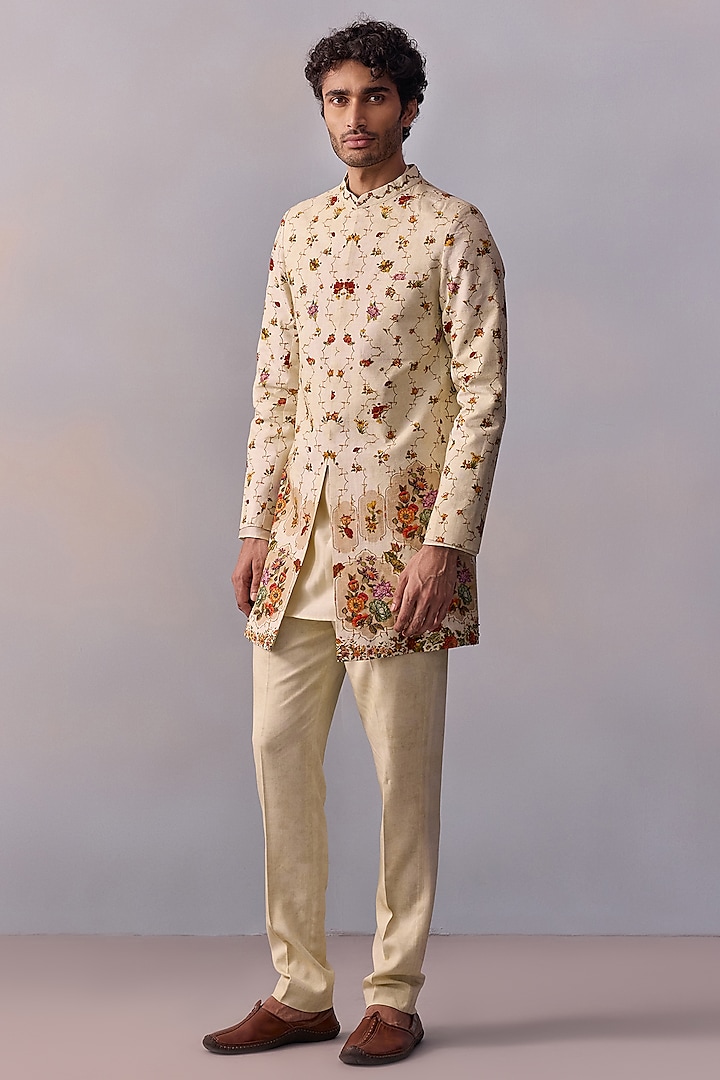 Ivory Viscose Silk Thread Work Achkan Jacket Set by Kalista Men