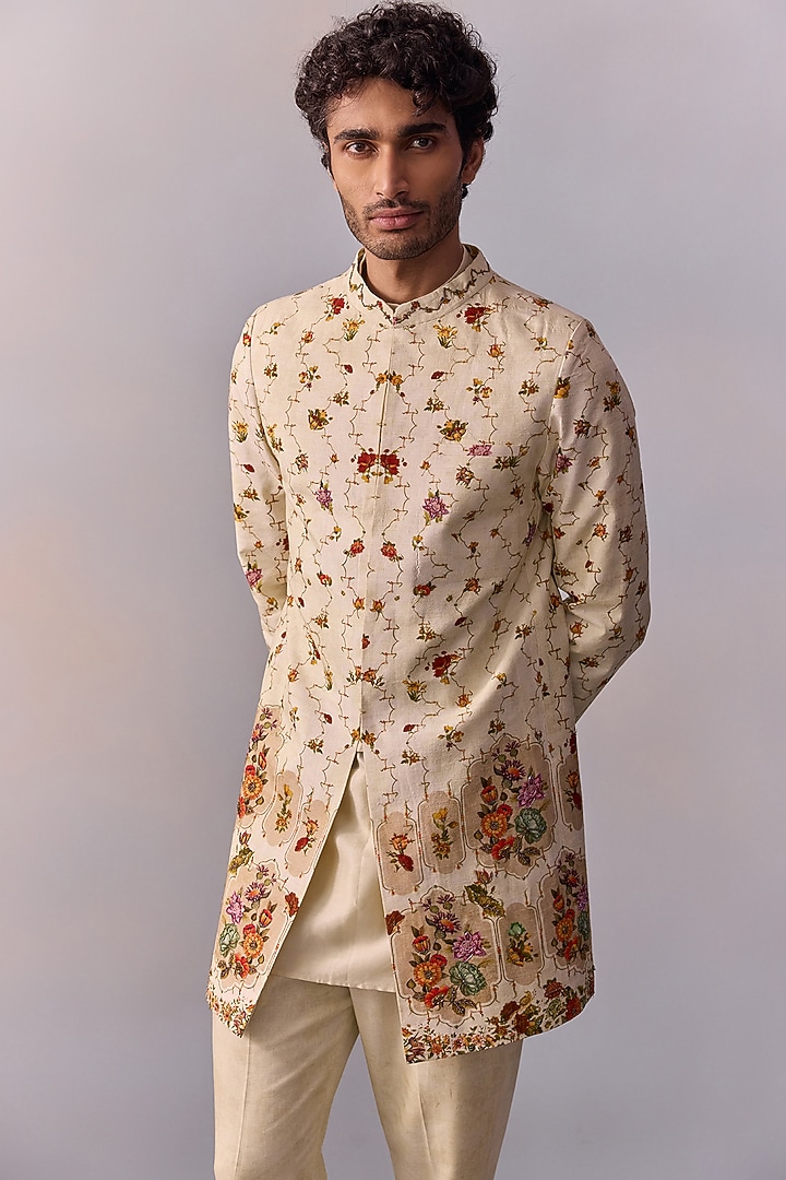Ivory Viscose Silk Thread Work Achkan Jacket Set by Kalista Men at Pernia's Pop Up Shop