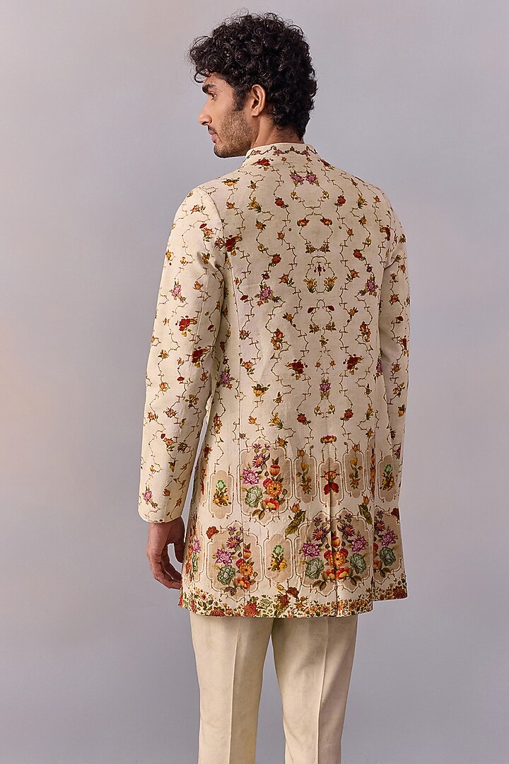 Ivory Viscose Silk Thread Work Achkan Jacket Set by Kalista Men at Pernia's Pop Up Shop