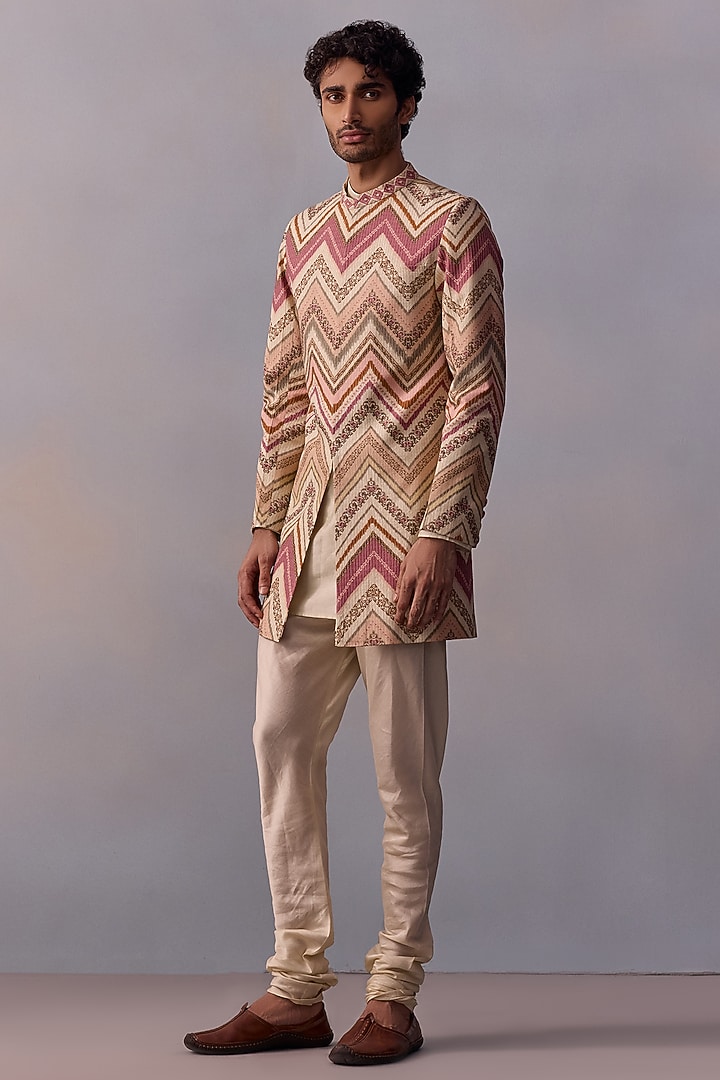 Blush Pink Viscose Silk Printed & Thread Work Achkan Jacket Set by Kalista Men at Pernia's Pop Up Shop