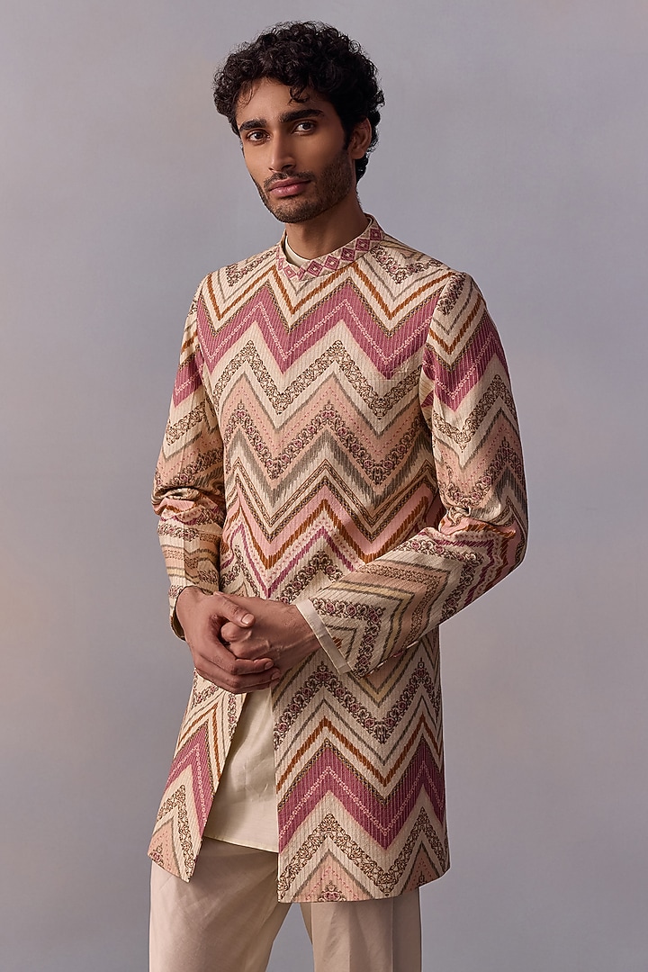 Blush Pink Viscose Silk Printed & Thread Work Achkan Jacket Set by Kalista Men at Pernia's Pop Up Shop