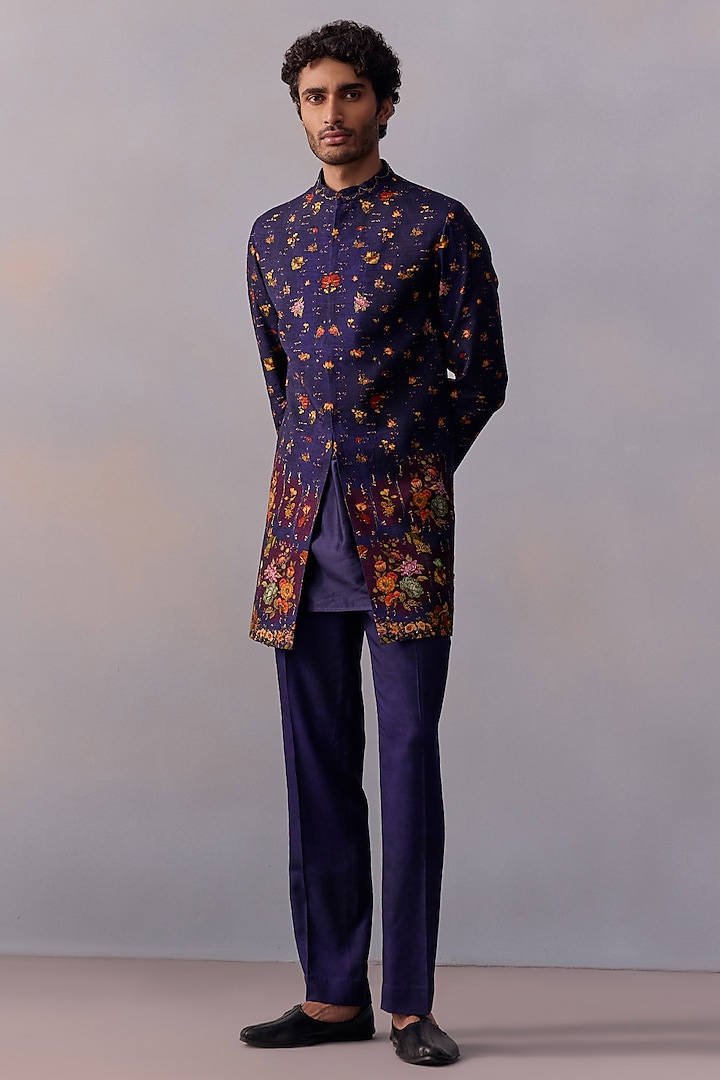 Midnight Purple Viscose Silk Thread Work Achkan Jacket Set by Kalista Men