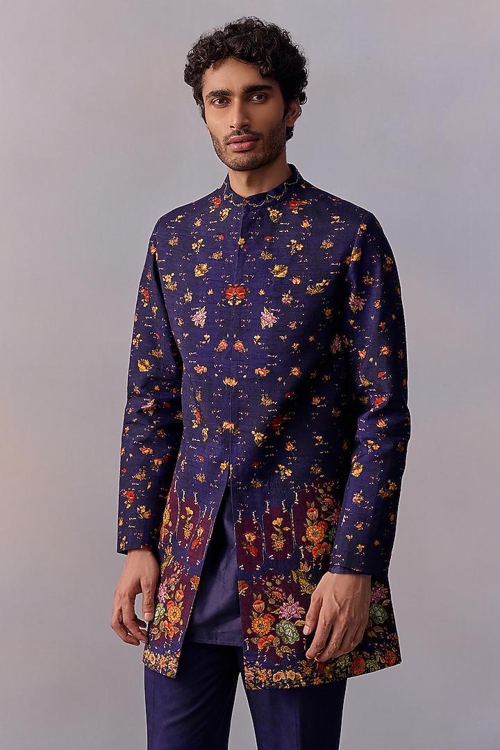 Midnight Purple Viscose Silk Thread Work Achkan Jacket Set by Kalista Men at Pernia's Pop Up Shop