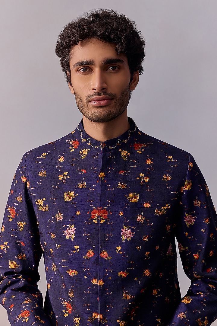 Midnight Purple Viscose Silk Thread Work Achkan Jacket Set by Kalista Men at Pernia's Pop Up Shop
