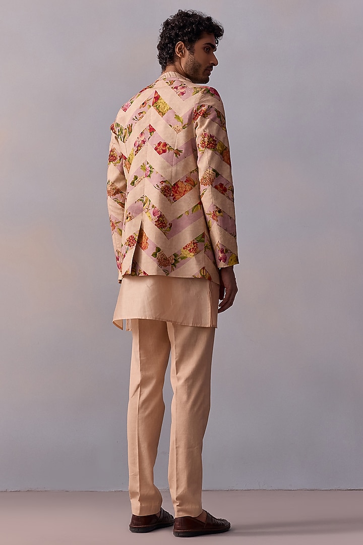Ivory Viscose Silk Floral Printed Open Wedding Indowestern Jacket Set by Kalista Men at Pernia's Pop Up Shop