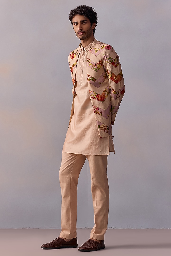 Ivory Viscose Silk Floral Printed Open Wedding Indowestern Jacket Set by Kalista Men at Pernia's Pop Up Shop