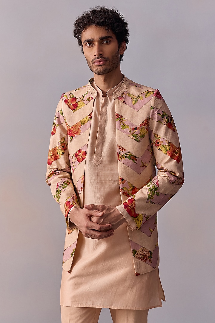 Ivory Viscose Silk Floral Printed Open Wedding Indowestern Jacket Set by Kalista Men at Pernia's Pop Up Shop