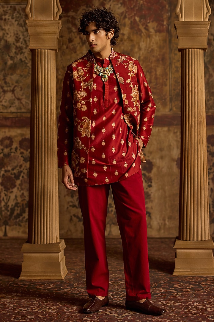 Crimson Red Viscose Silk & Chanderi Floral Nehru Jacket Set by Kalista Men at Pernia's Pop Up Shop
