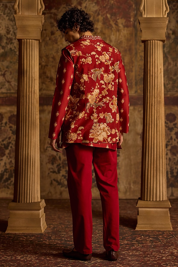Crimson Red Viscose Silk & Chanderi Floral Nehru Jacket Set by Kalista Men at Pernia's Pop Up Shop