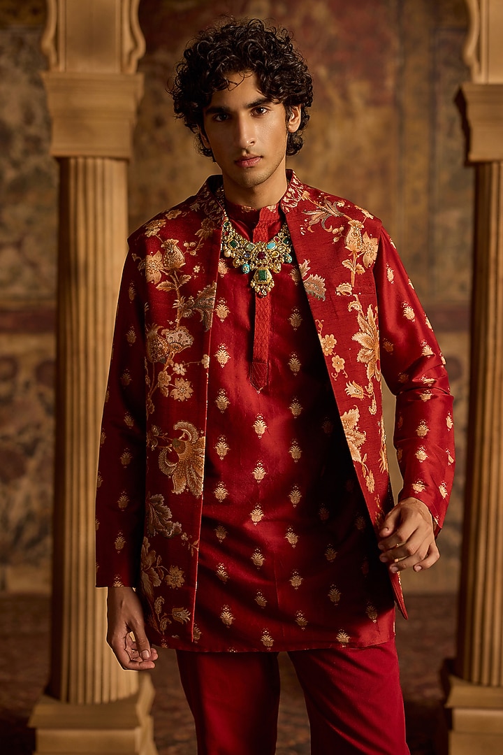 Crimson Red Viscose Silk & Chanderi Floral Nehru Jacket Set by Kalista Men at Pernia's Pop Up Shop