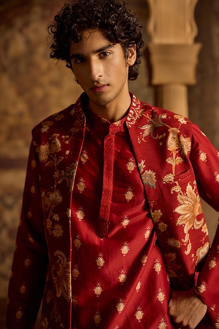 Crimson Red Viscose Silk & Chanderi Floral Nehru Jacket Set by Kalista Men at Pernia's Pop Up Shop