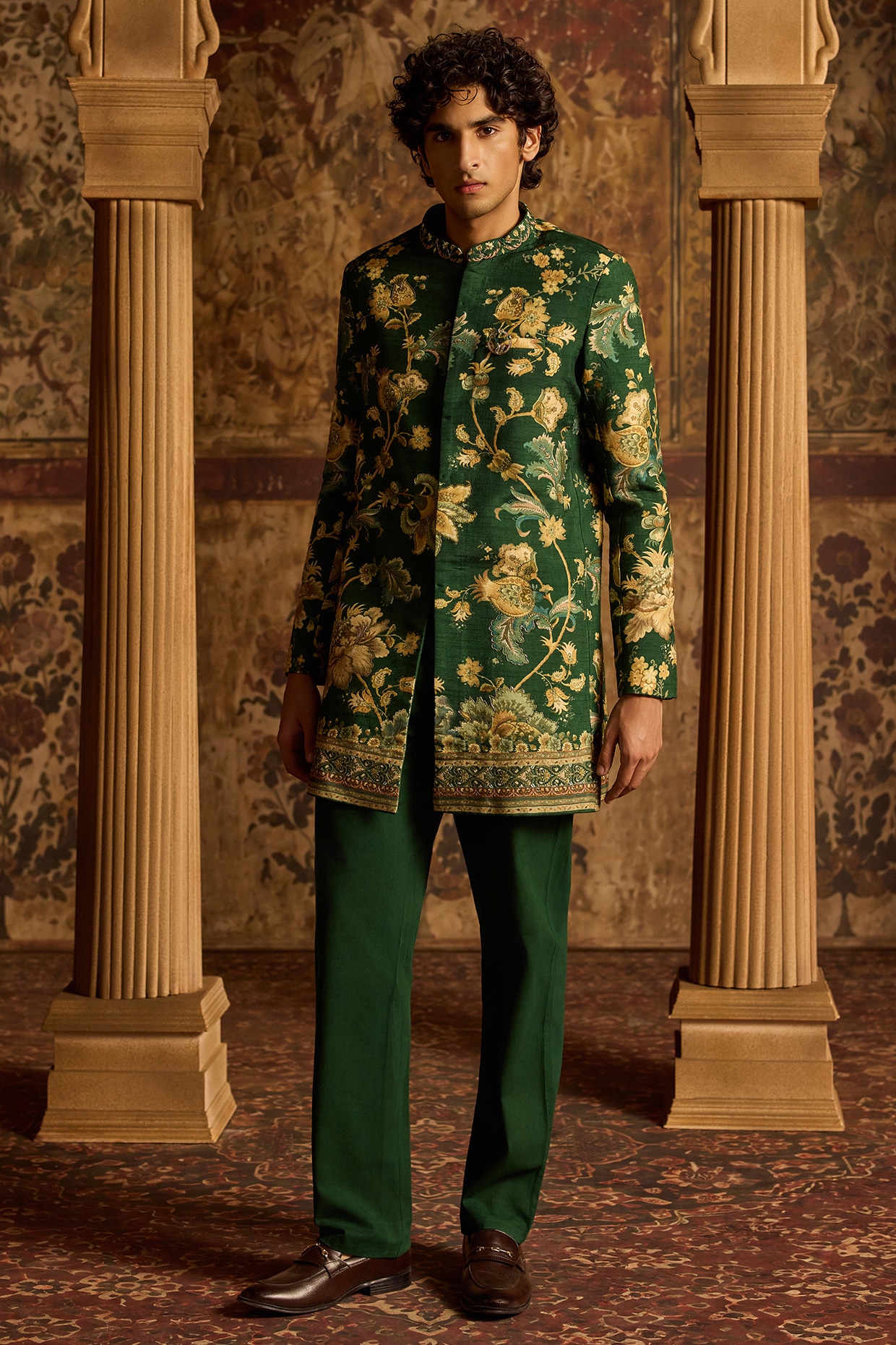 Kalista Bottle Green Viscose Silk & Chanderi Achkan Set