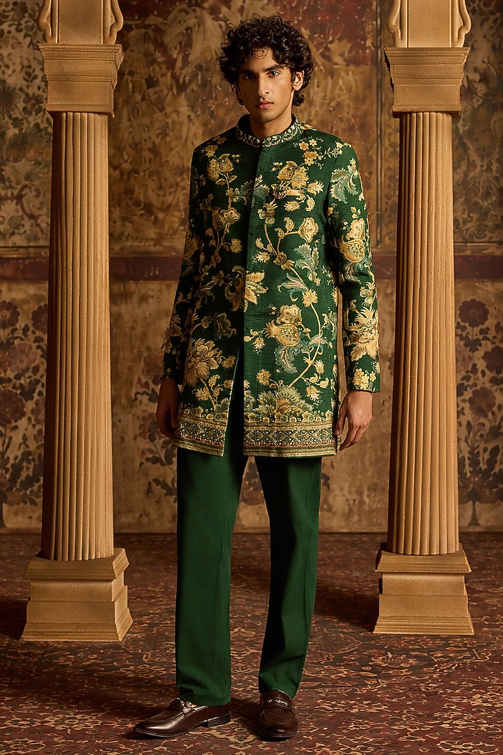 Bottle Green Viscose Silk & Chanderi Achkan Set by Kalista Men at Pernia's Pop Up Shop