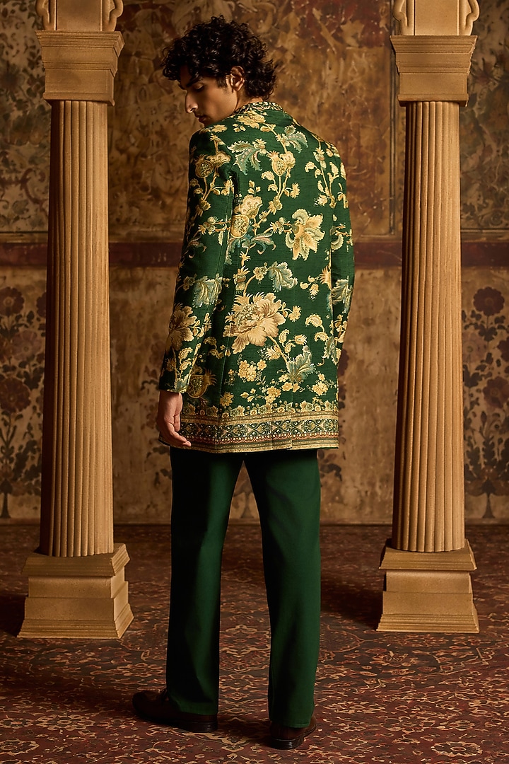 Bottle Green Viscose Silk & Chanderi Achkan Set by Kalista Men at Pernia's Pop Up Shop