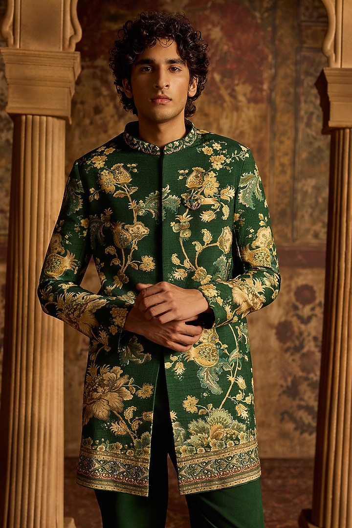 Bottle Green Viscose Silk & Chanderi Achkan Set by Kalista Men at Pernia's Pop Up Shop