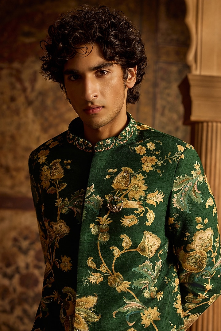 Bottle Green Viscose Silk & Chanderi Achkan Set by Kalista Men at Pernia's Pop Up Shop