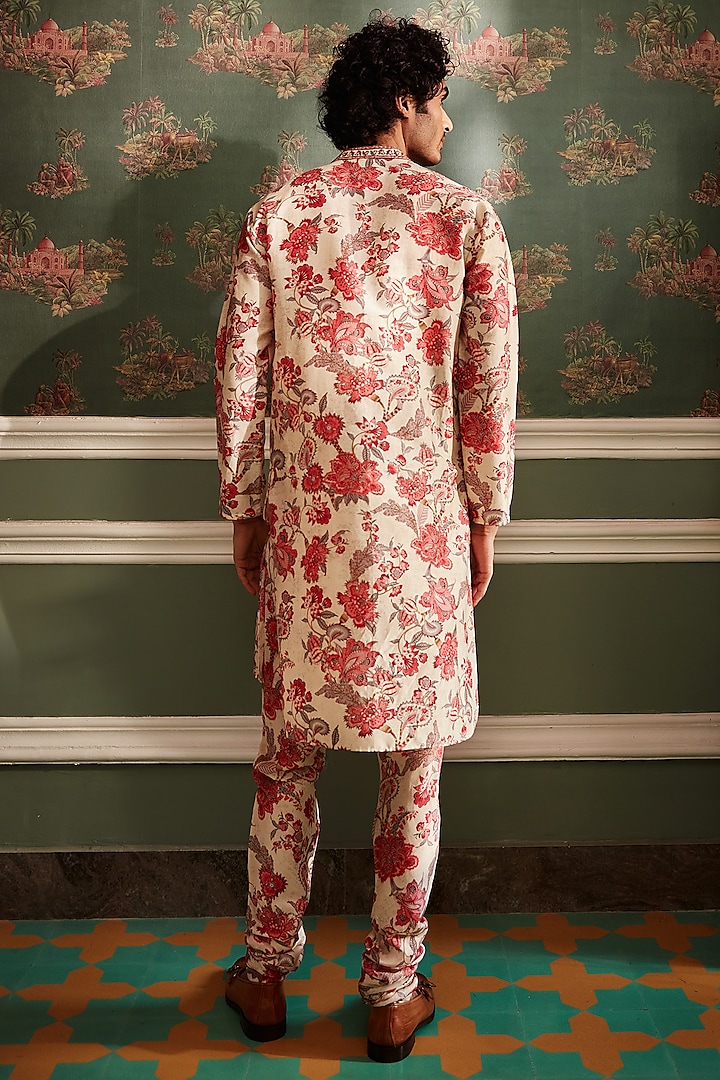 Ivory Chanderi Chintz Printed & Resham Embroidered Kurta Set by Kalista Men at Pernia's Pop Up Shop