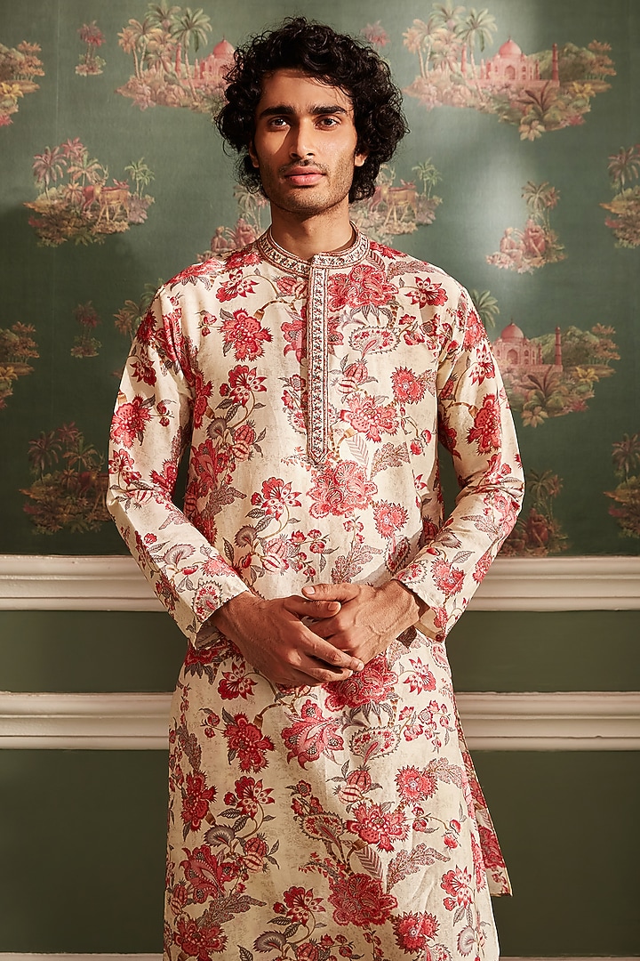 Ivory Chanderi Chintz Printed & Resham Embroidered Kurta Set by Kalista Men at Pernia's Pop Up Shop