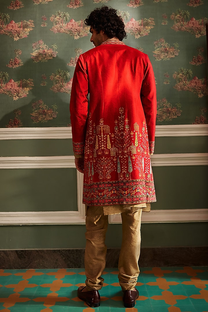 Red Raw Silk Thread Embroidered Wedding Indowestern Set by Kalista Men at Pernia's Pop Up Shop