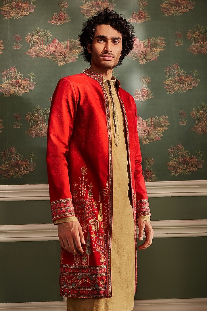 Red Raw Silk Thread Embroidered Wedding Indowestern Set by Kalista Men at Pernia's Pop Up Shop
