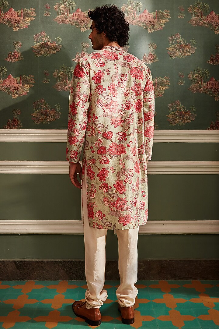 Olive Chanderi Chintz Printed & Embroidered Kurta Set by Kalista Men at Pernia's Pop Up Shop