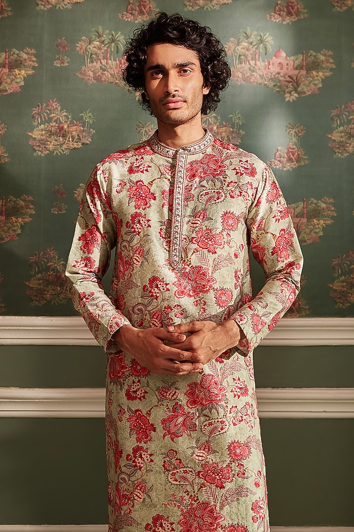 Olive Chanderi Chintz Printed & Embroidered Kurta Set by Kalista Men at Pernia's Pop Up Shop
