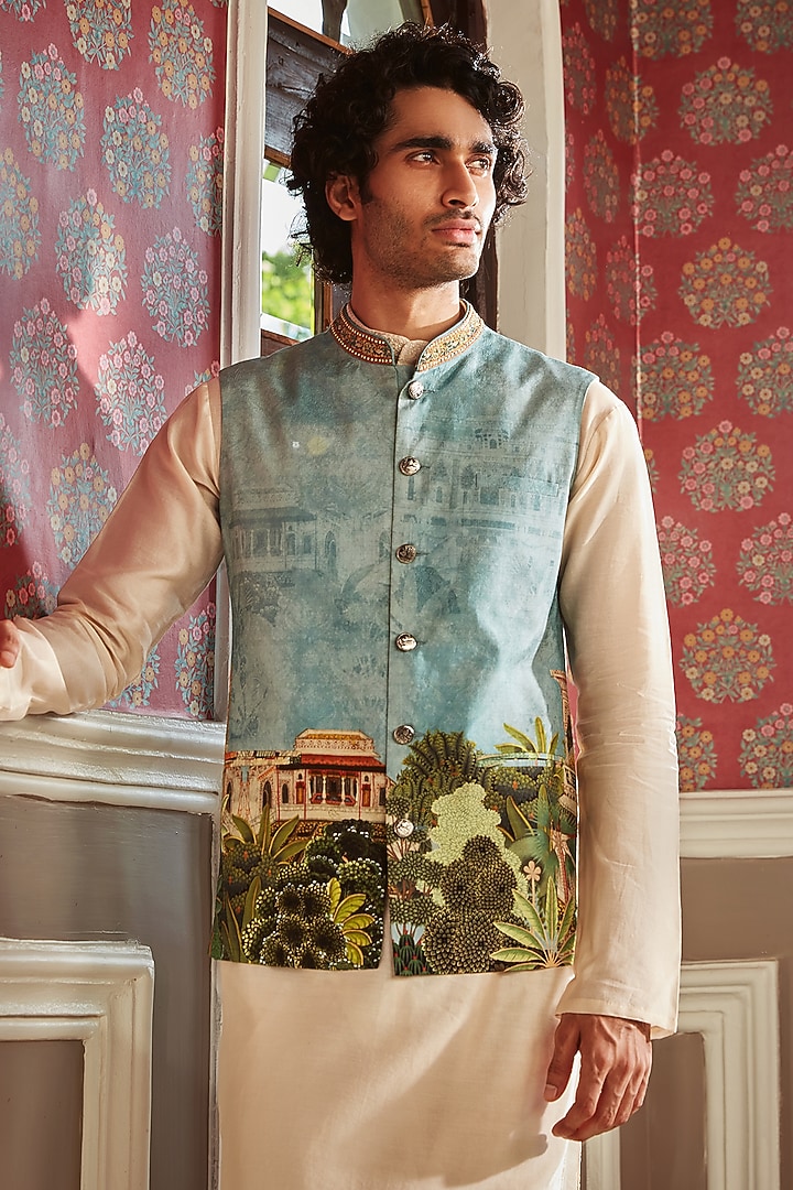 Sky Blue Raw Silk Printed & Embroidered Bundi Jacket Set by Kalista Men at Pernia's Pop Up Shop
