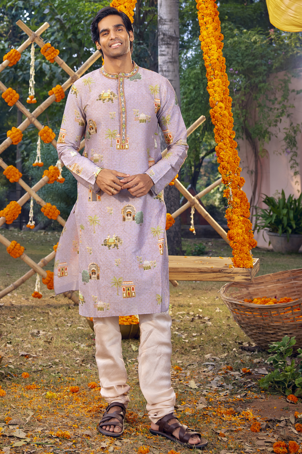 Lilac Printed Kurta Set by Kalista Men