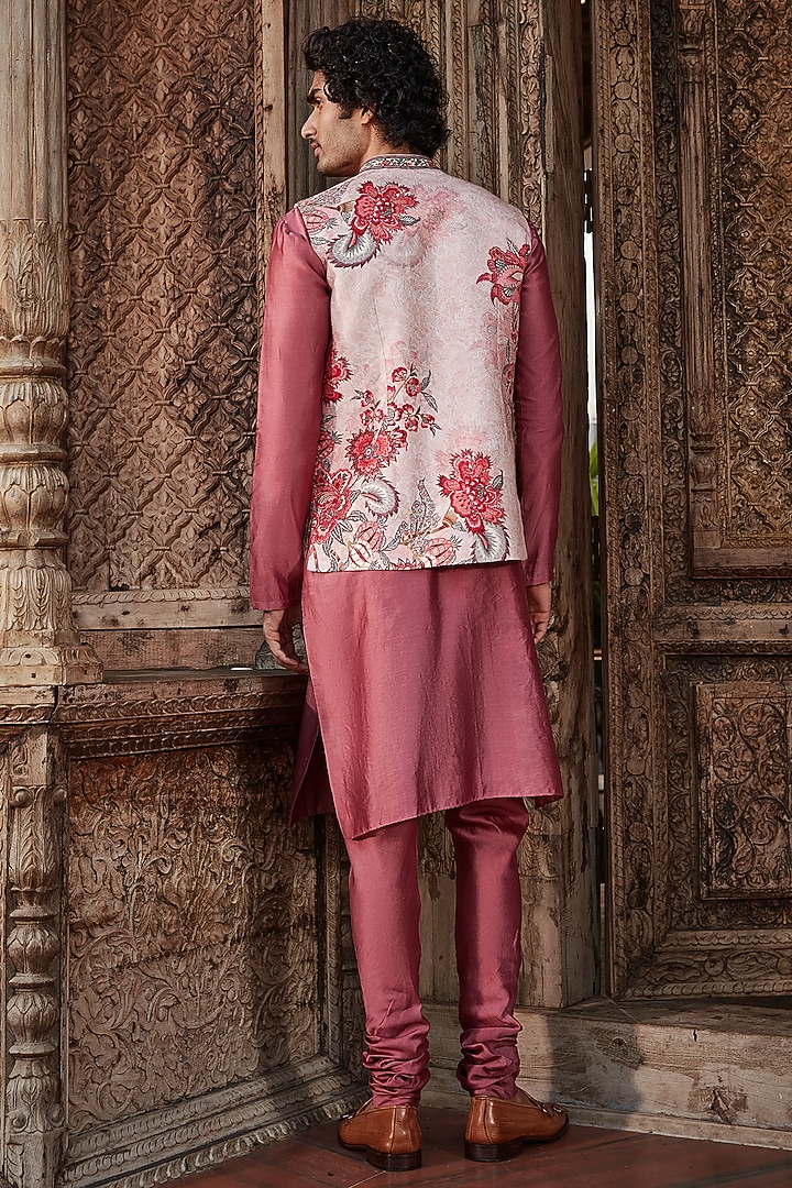 Blush Pink Raw Silk Floral Embroidered Bundi Jacket Set by Kalista Men at Pernia's Pop Up Shop
