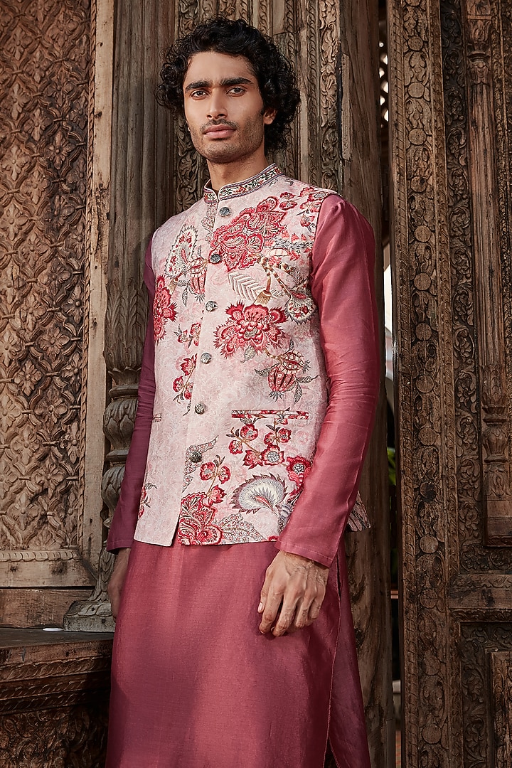 Blush Pink Raw Silk Floral Embroidered Bundi Jacket Set by Kalista Men at Pernia's Pop Up Shop