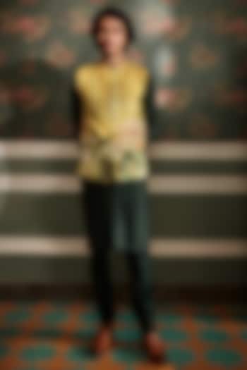 Lime Yellow Raw Silk Printed & Embroidered Bundi Jacket Set by Kalista Men