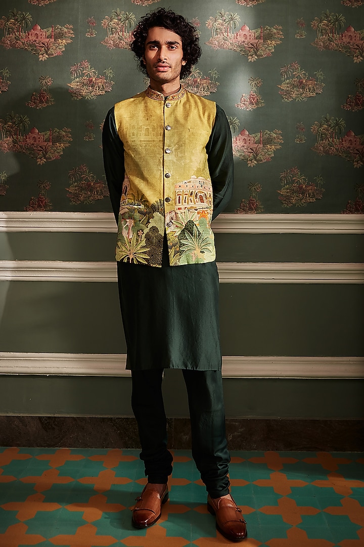 Lime Yellow Raw Silk Bundi Jacket With Kurta Set by Kalista Men