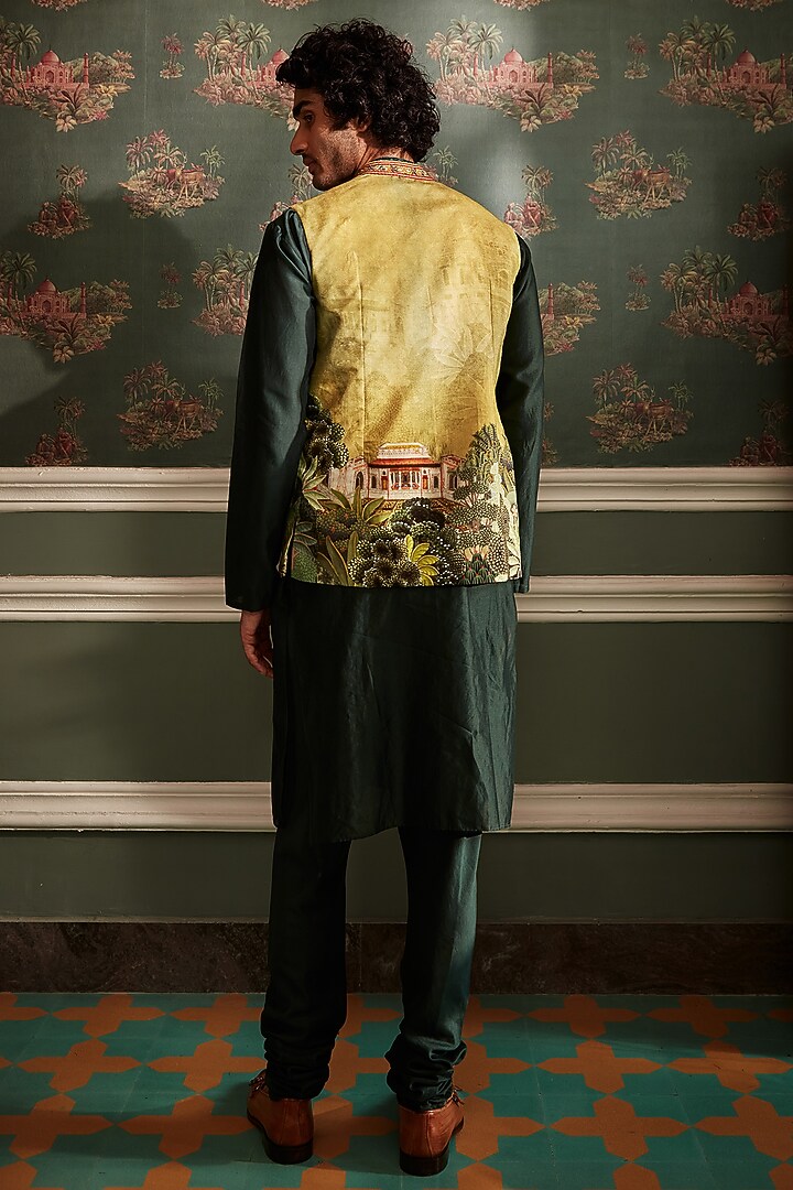 Lime Yellow Raw Silk Printed & Embroidered Bundi Jacket Set by Kalista Men at Pernia's Pop Up Shop