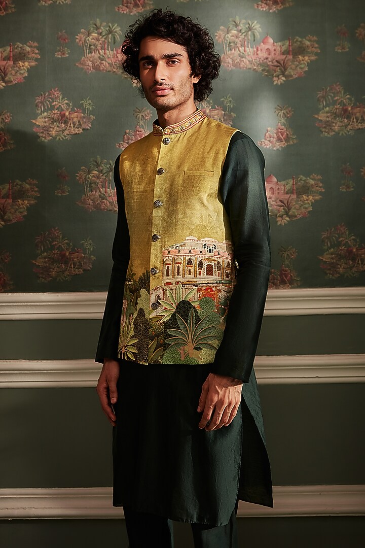 Lime Yellow Raw Silk Printed & Embroidered Bundi Jacket Set by Kalista Men at Pernia's Pop Up Shop