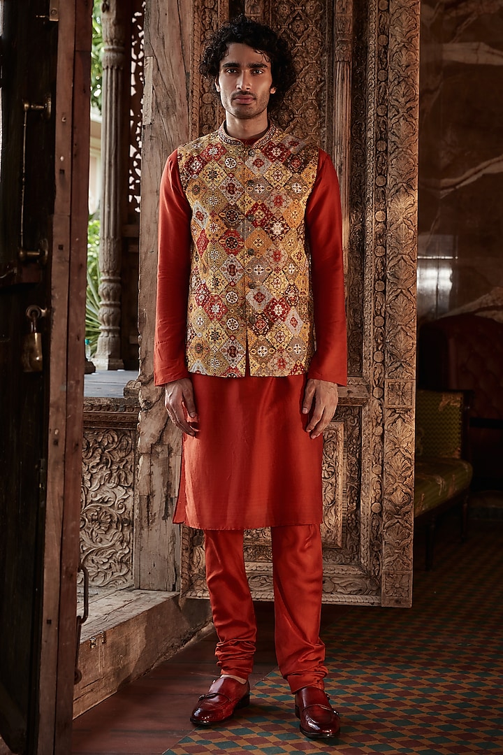 Multi-Colored Raw Silk Persian Printed & Embroidered Bundi Jacket Set by Kalista Men