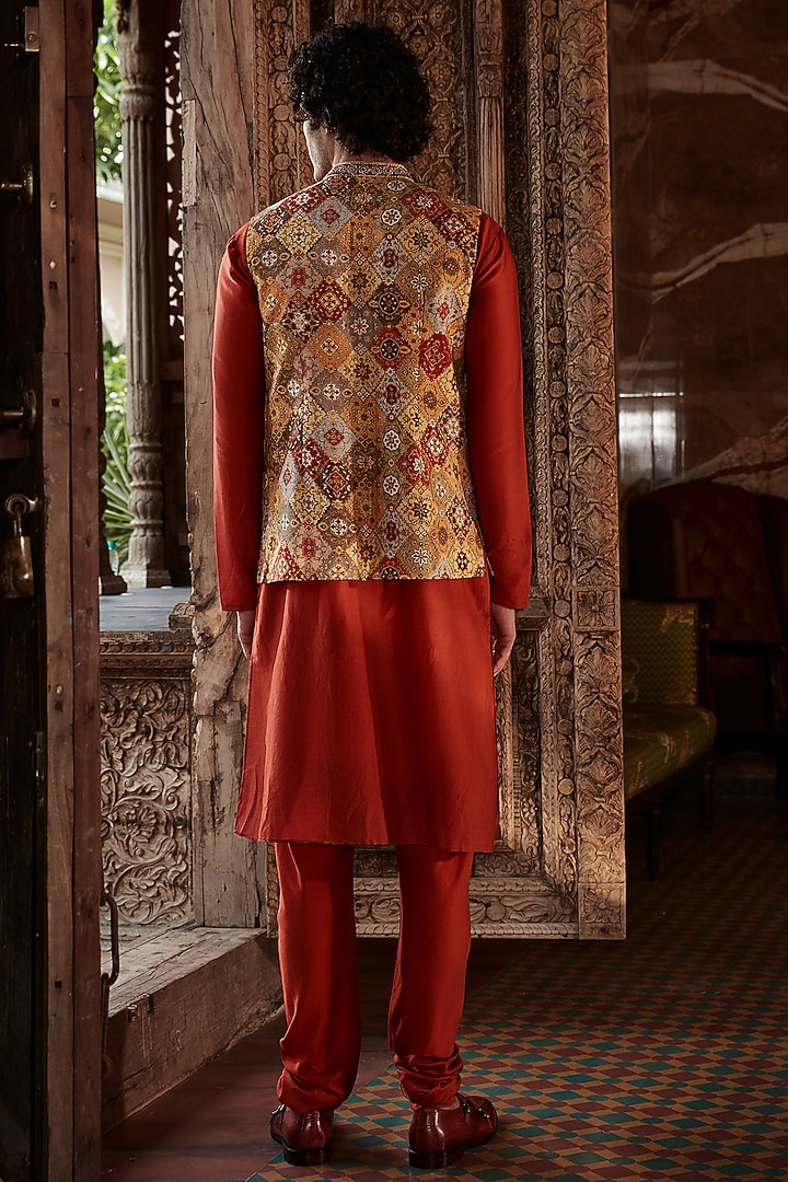 Multi-Colored Raw Silk Persian Printed & Embroidered Bundi Jacket Set by Kalista Men at Pernia's Pop Up Shop