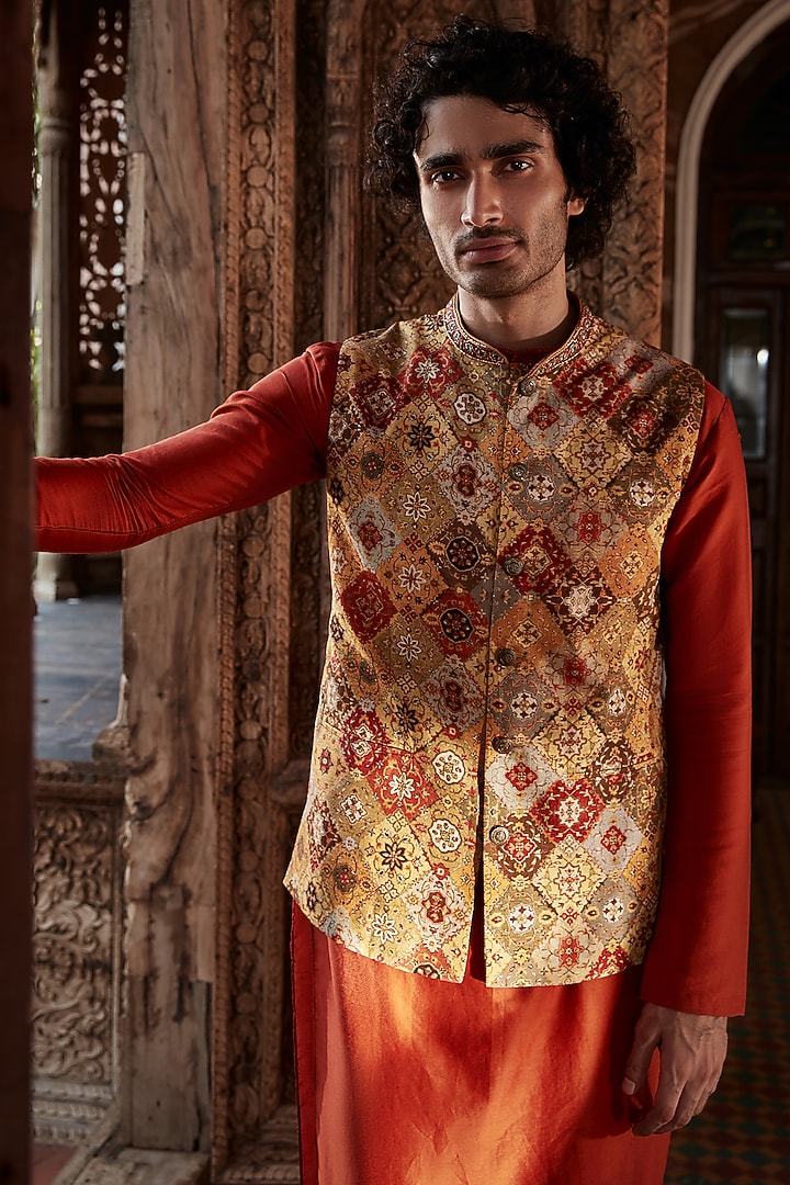 Multi-Colored Raw Silk Persian Printed & Embroidered Bundi Jacket Set by Kalista Men at Pernia's Pop Up Shop