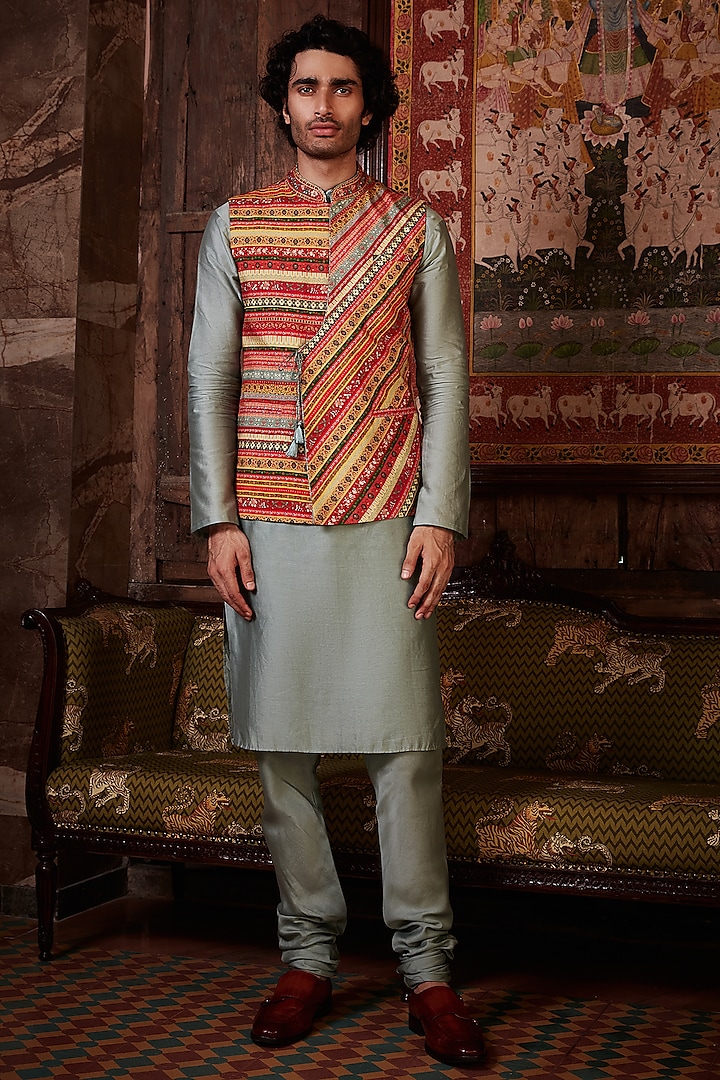Multi-Coloured Embroidered Bundi Jacket With Kurta Set by Kalista Men