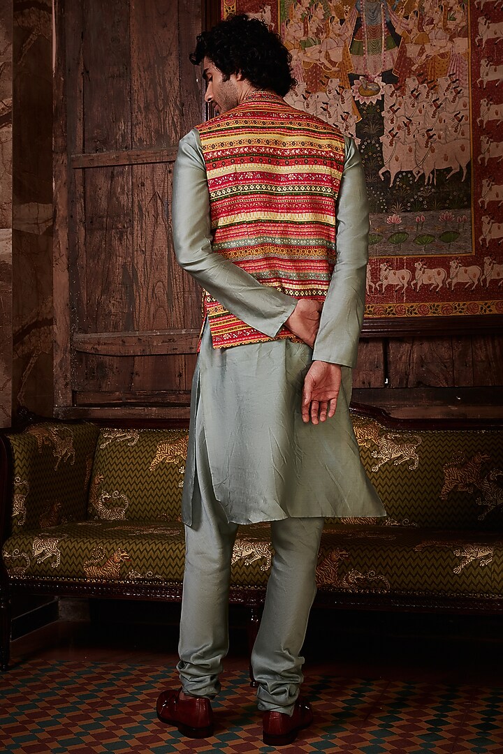 Multi-Colored Raw Silk Embroidered Bundi Jacket Set by Kalista Men at Pernia's Pop Up Shop