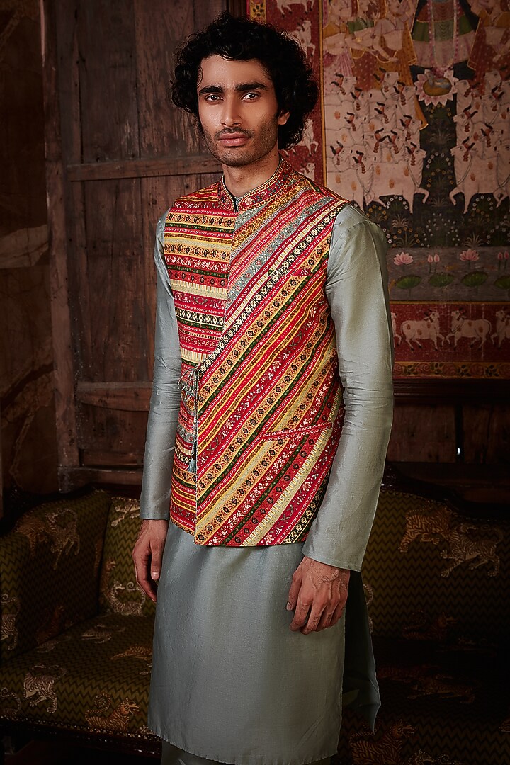 Multi-Colored Raw Silk Embroidered Bundi Jacket Set by Kalista Men at Pernia's Pop Up Shop