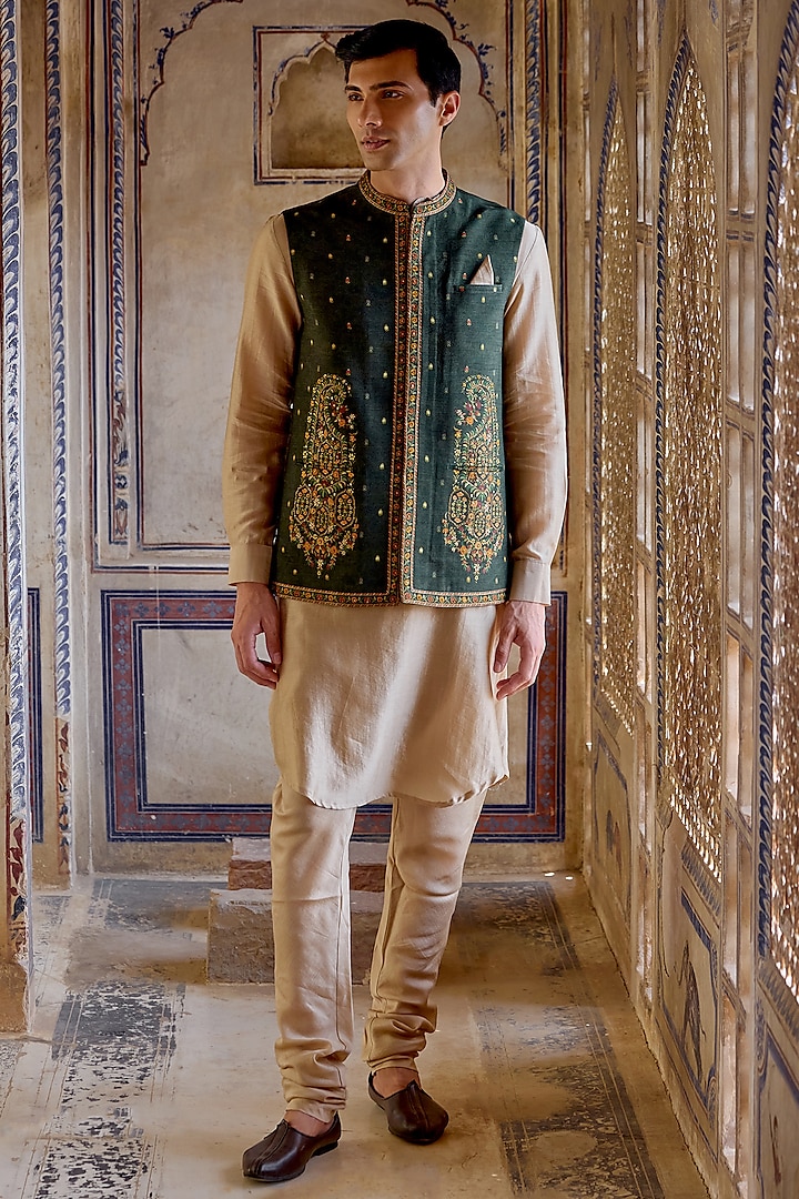 Bottle Green Chanderi Silk Bundi Jacket Set by Kalista Men at Pernia's Pop Up Shop