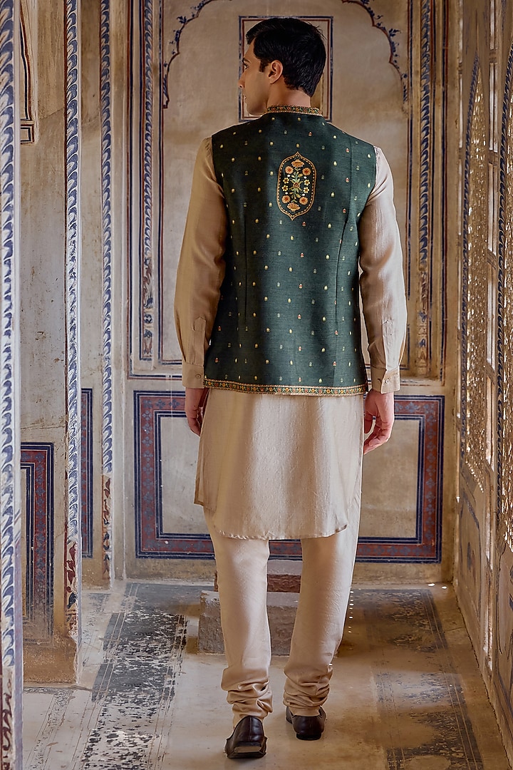 Bottle Green Chanderi Silk Bundi Jacket Set by Kalista Men at Pernia's Pop Up Shop