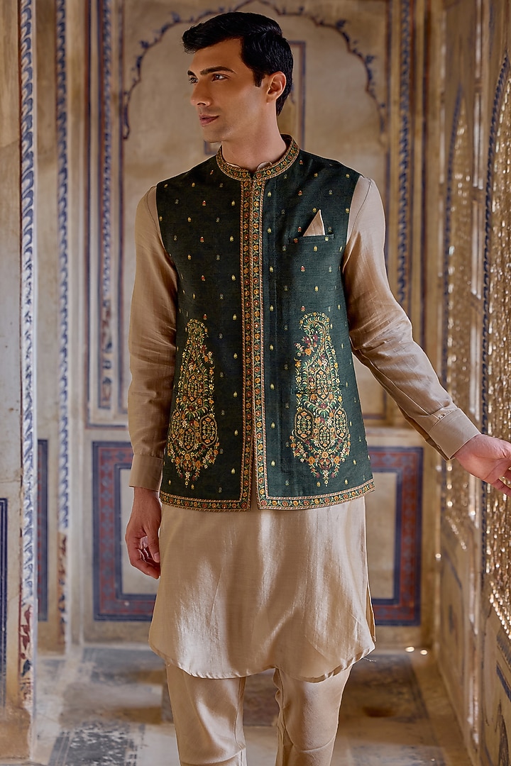 Bottle Green Chanderi Silk Bundi Jacket Set by Kalista Men at Pernia's Pop Up Shop