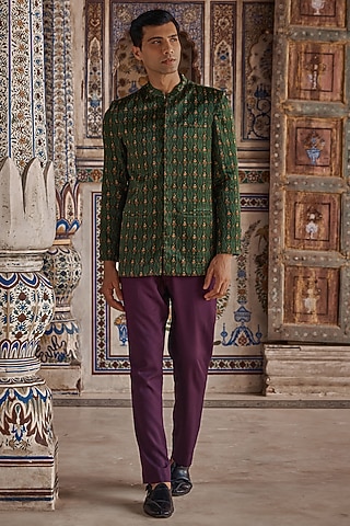 Emerald Green Satin Floral Printed Achkan Set by Kalista Men