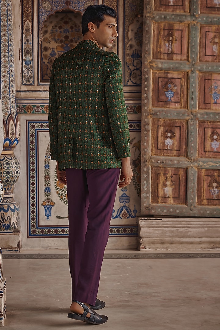 Emerald Green Satin Floral Printed Achkan Set by Kalista Men at Pernia's Pop Up Shop