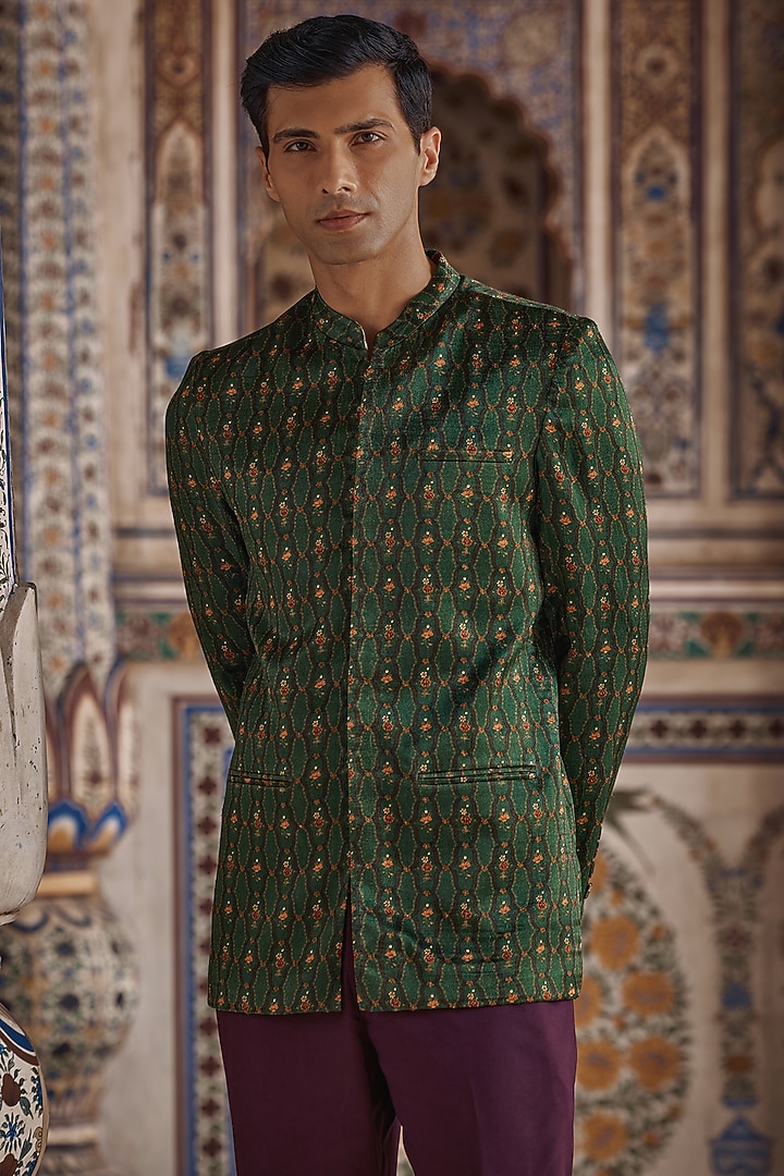 Emerald Green Satin Floral Printed Achkan Set by Kalista Men at Pernia's Pop Up Shop
