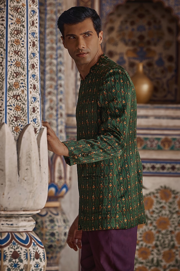 Emerald Green Satin Floral Printed Achkan Set by Kalista Men at Pernia's Pop Up Shop