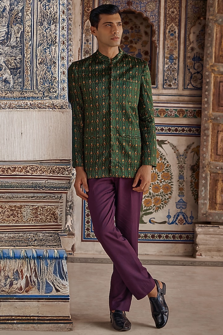 Emerald Green Satin Floral Printed Achkan Set by Kalista Men at Pernia's Pop Up Shop