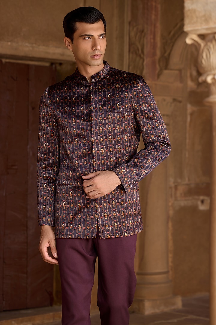Raisin Purple Satin Floral Printed Achkan Set by Kalista Men at Pernia's Pop Up Shop