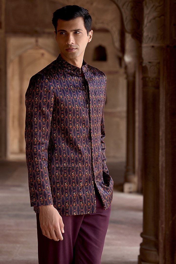 Raisin Purple Satin Floral Printed Achkan Set by Kalista Men at Pernia's Pop Up Shop